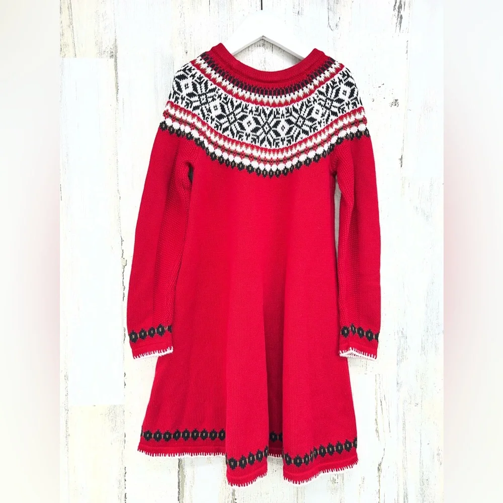 Hanna Andersson Red Black Fair Isle Sweater Dress 100% Combed Cotton Yarns